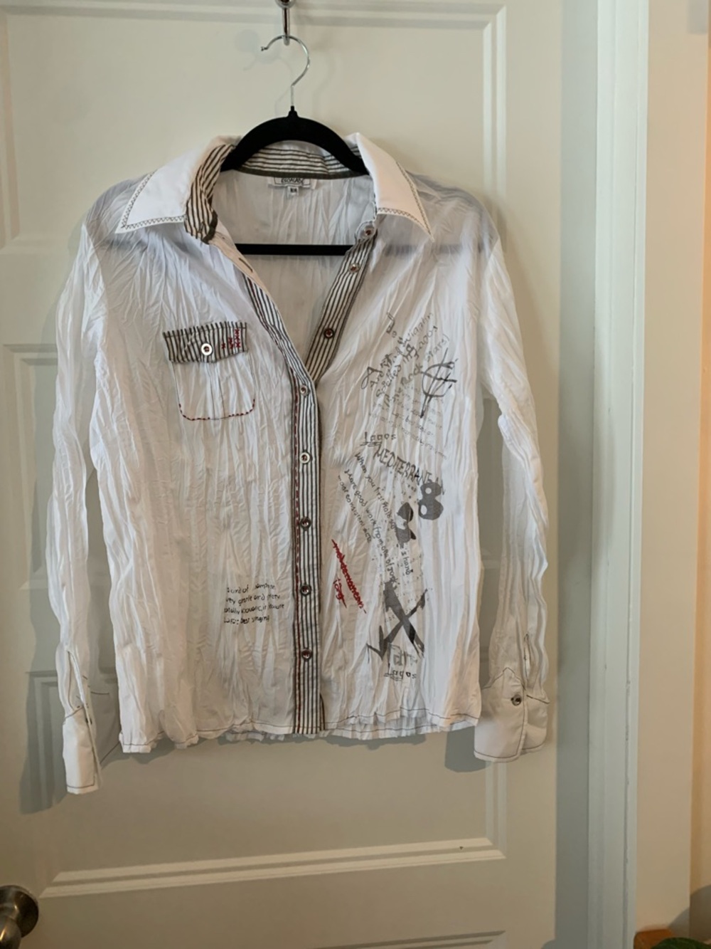 Escalade , White Button-Up white chiffon blousewith Graphic Detail